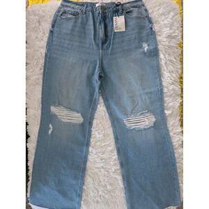 Zenana Jeans Size 30 Blue Cotton Denim Distressed Knees Wide Leg Frayed Thrashed